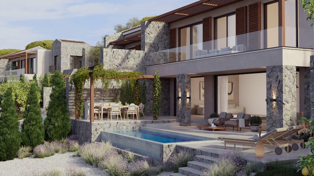 Modern villa in Luštica, Montenegro: stone finishing, private pool, furnished terrace, and landscaped garden.