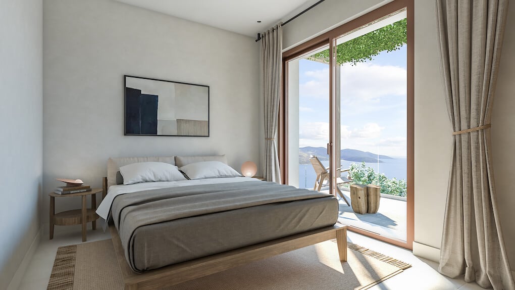 Modern bedroom with sea view in a villa, Luštica, Montenegro: double bed, terrace, and stylish interior.