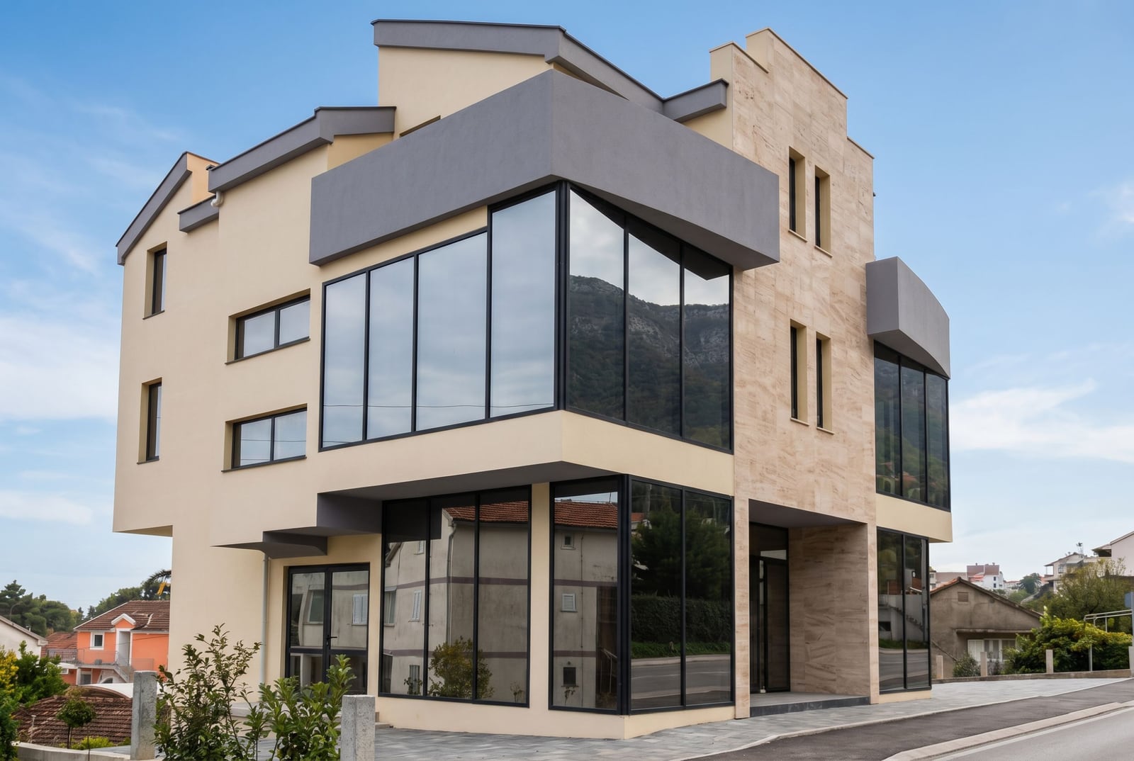 Современное офисное здание с панорамными окнами и каменной отделкой фасада в Баошичи, Герцег-Нови, Черногория.