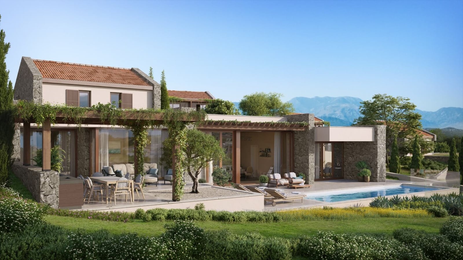 Modern villa in Luštica, Montenegro: terrace with a pool, dining area, and mountain views in Mediterranean style.