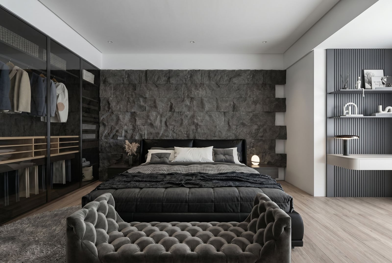 Modern bedroom in a penthouse in Bečići, Montenegro: stone wall, glass wardrobe, and designer furniture.
