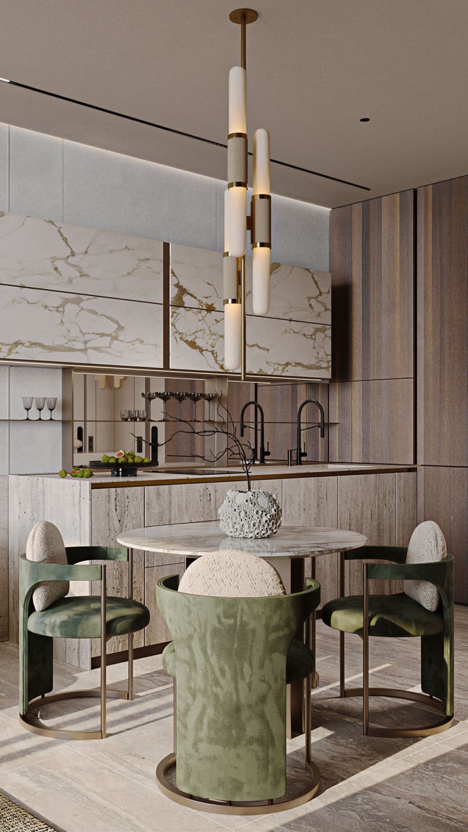 Modern kitchen in Herceg Novi residential complex, Kumbor, Montenegro: marble finishes, designer green chairs, and stylish lighting.