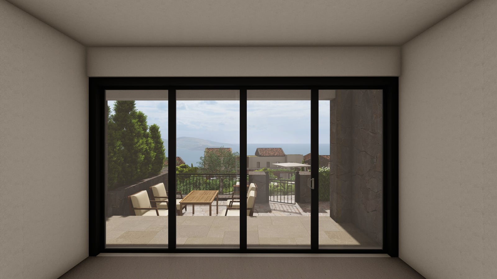Living room with panoramic windows and access to a terrace with a sea view in the Lustica Bay complex, Montenegro.