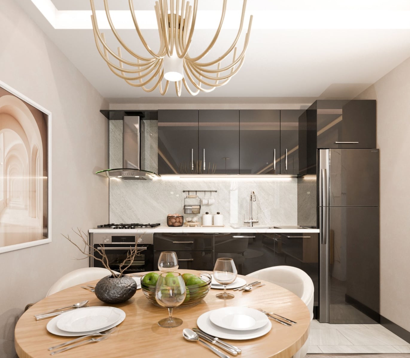 Modern kitchen with a black glossy cabinet set and dining area in the Radanovichi residential complex, Montenegro. Designer interior.