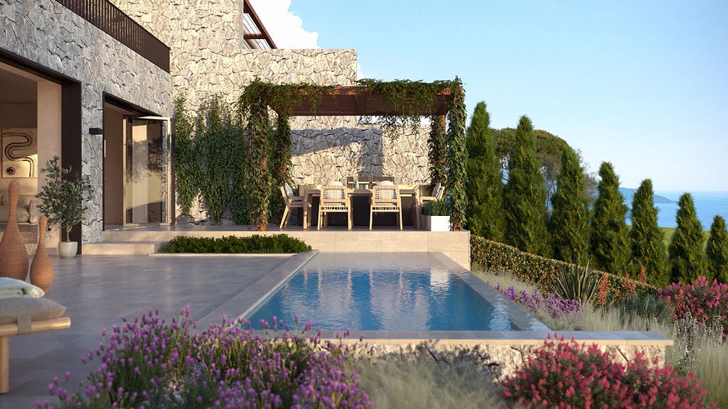 Townhouse terrace in Luštica, Montenegro: pool, dining area under a pergola, stone finish, and sea view.