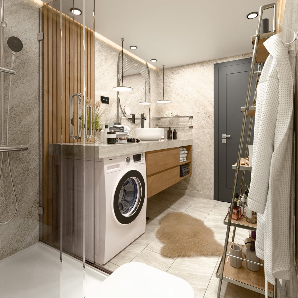 Modern bathroom with a shower and washing machine in the Radanovici residential complex, Montenegro: stylish design, wood and stone.
