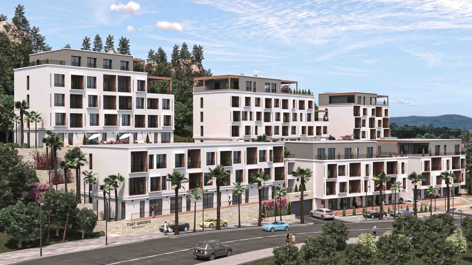 Modern residential complex Tivat Gardens in Tivat, Montenegro: building architecture, terraces, and landscaped grounds.