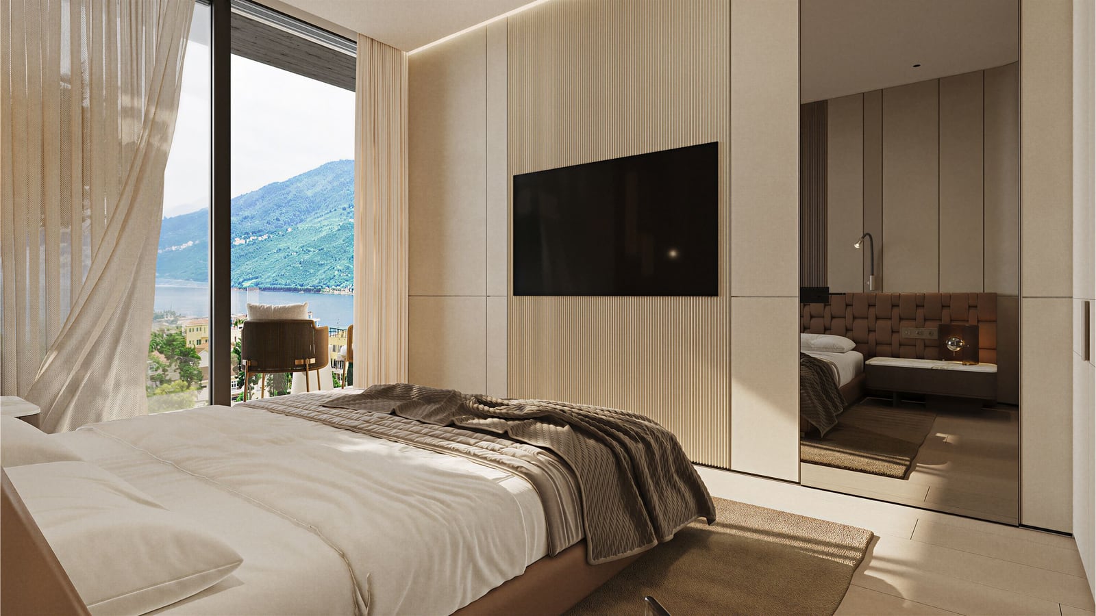 Modern bedroom with panoramic sea and mountain views in Kumbor Residence, Herceg Novi, Montenegro: stylish interior and TV.