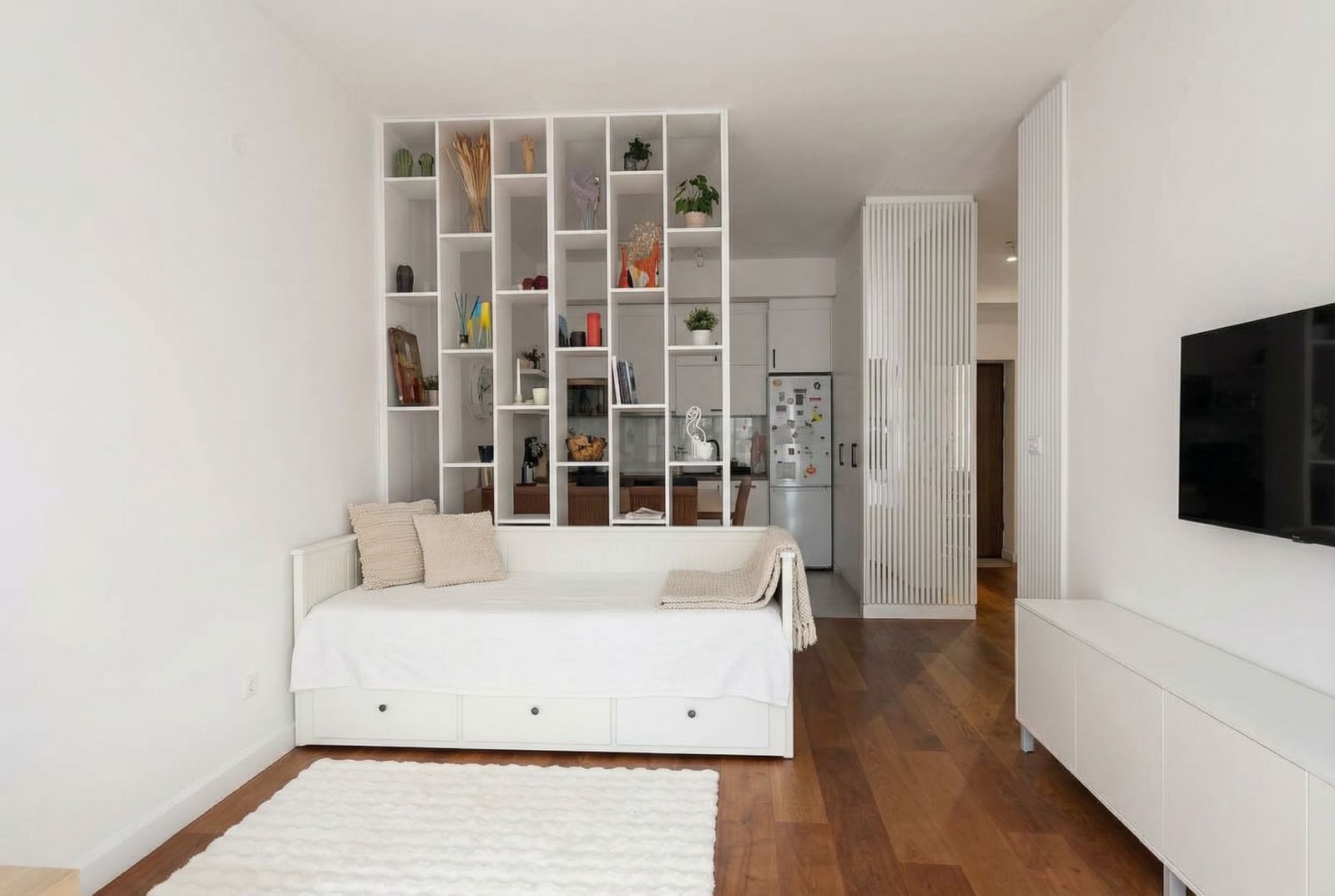Modern living room with a white shelving partition in an apartment in Bar, Montenegro. Bright interior with a sofa.