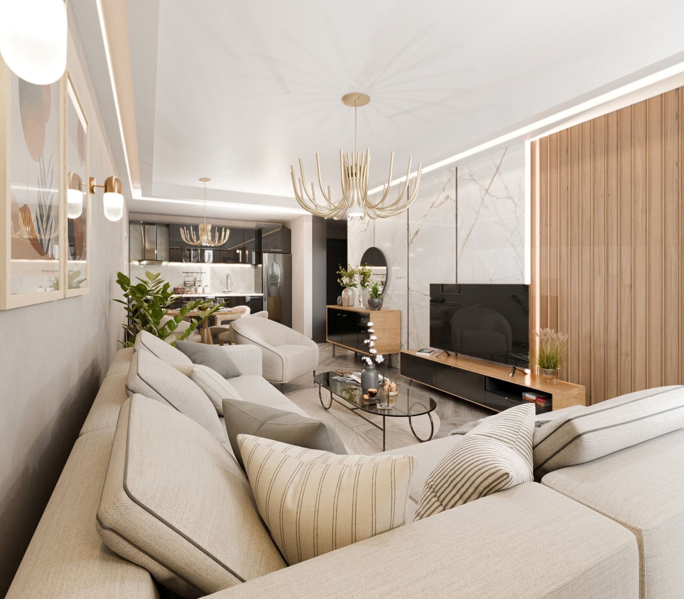 Modern living room in the Radanovici residential complex, Montenegro: a light-colored sofa, marble wall, designer chandelier, and kitchen.
