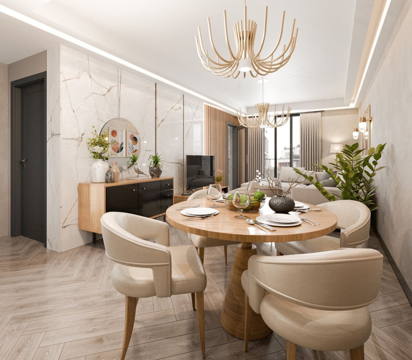 Modern living room with dining area in Radanovichi residential complex, Montenegro: marble finishes, designer chandeliers, and furniture.