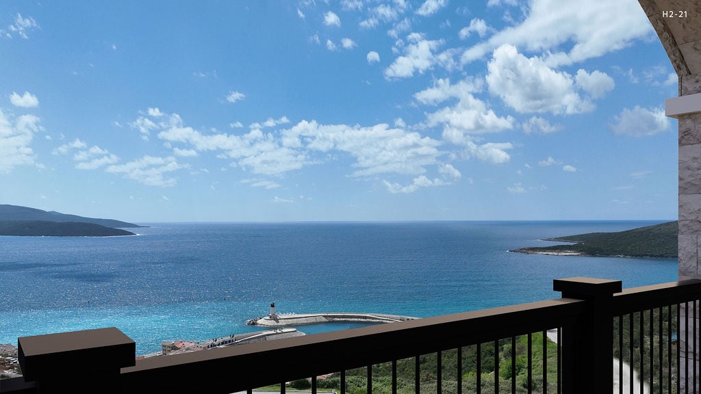 Panoramic view of the Adriatic Sea and the marina from the balcony of an apartment in Luštica, Montenegro.