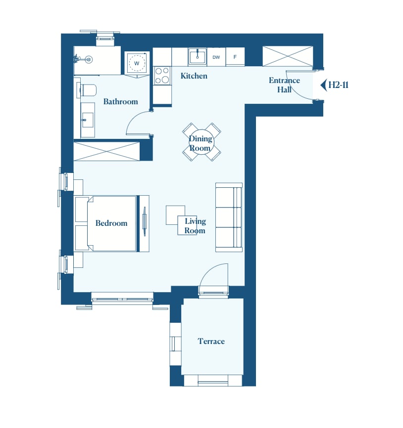 Apartment layout in Luštica, Montenegro: bedroom, living room, kitchen, bathroom, and terrace in a residential complex.