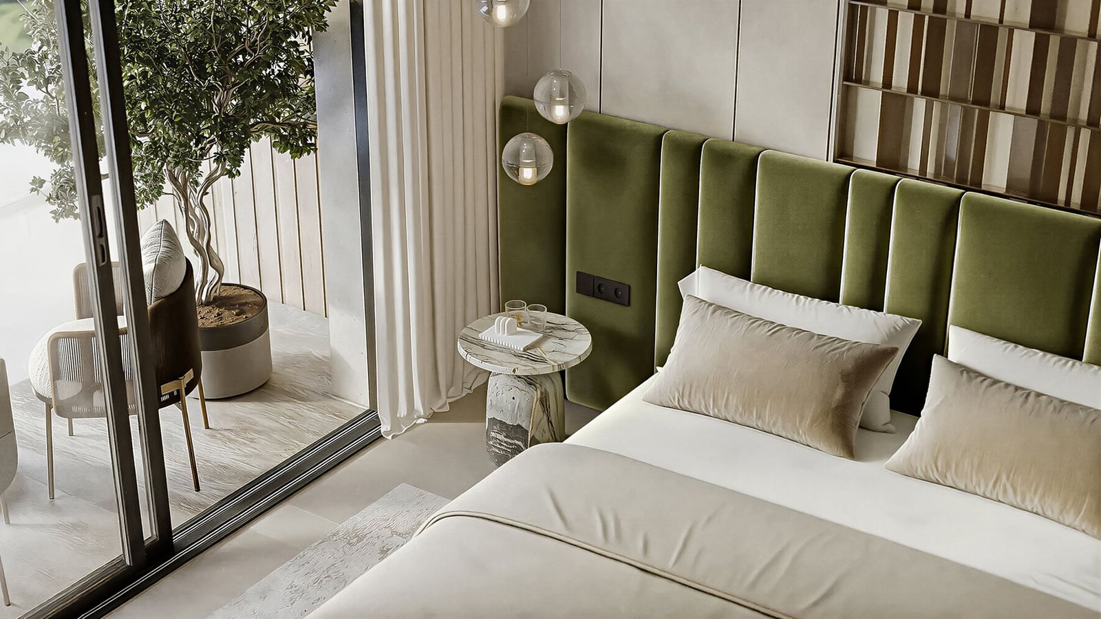 Bedroom in the Kumbor residential complex, Montenegro: a bed with a green headboard, a marble side table, and access to a terrace with a tree.