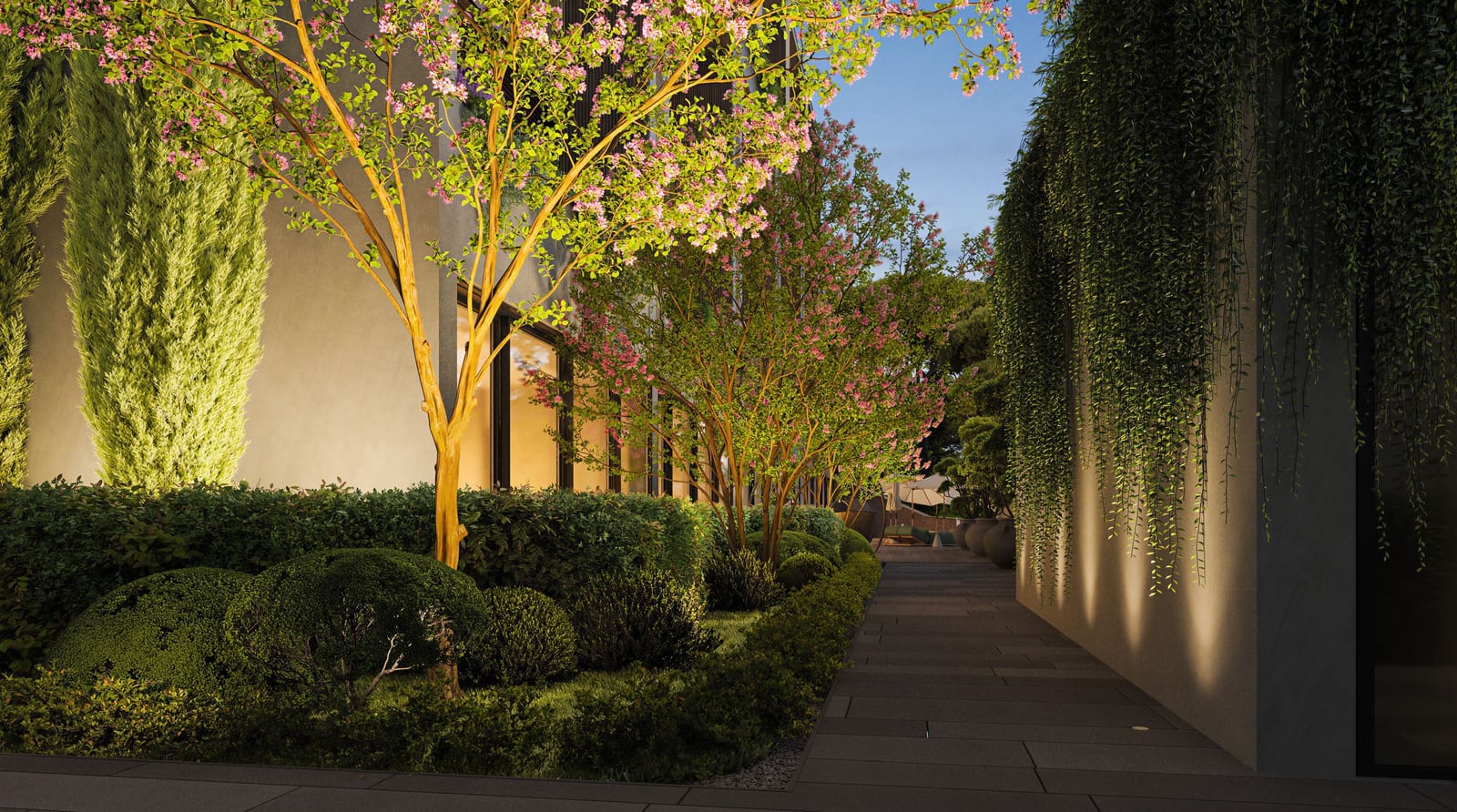 Landscaped grounds of a residential complex in Kumbor, Montenegro: landscape design, evening lighting, and garden.