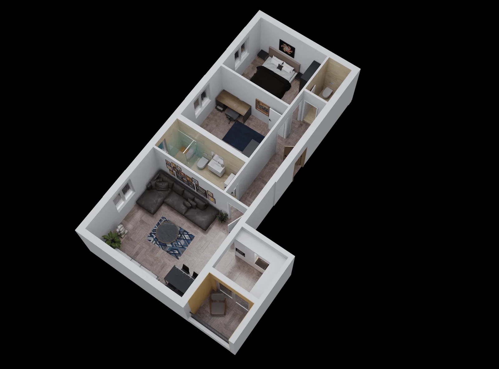 Karadağ’daki Bar konut kompleksinde dairenin 3D planı: mobilyalı oturma odası, yatak odası, çalışma odası, banyo ve teras.