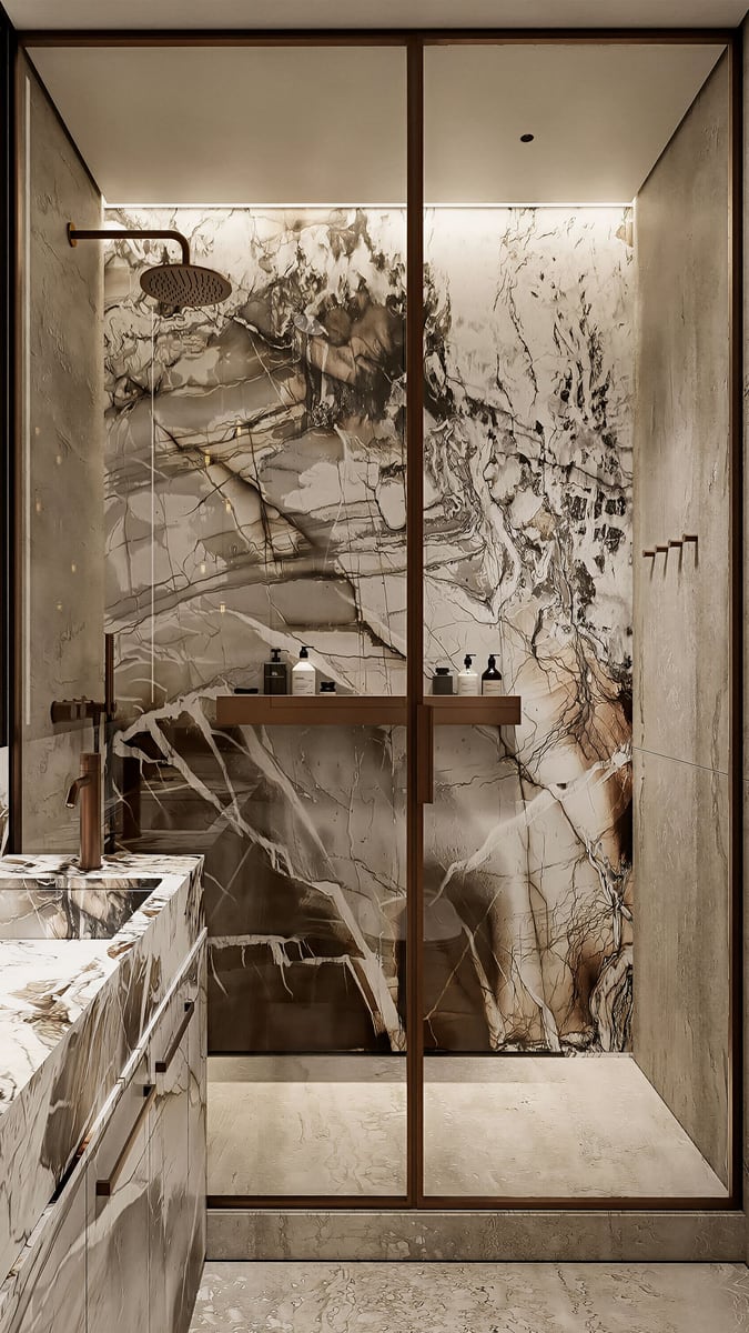 Designer bathroom with marble finishes in the Kumbor residential complex, Herceg Novi, Montenegro: shower and stylish fixtures.