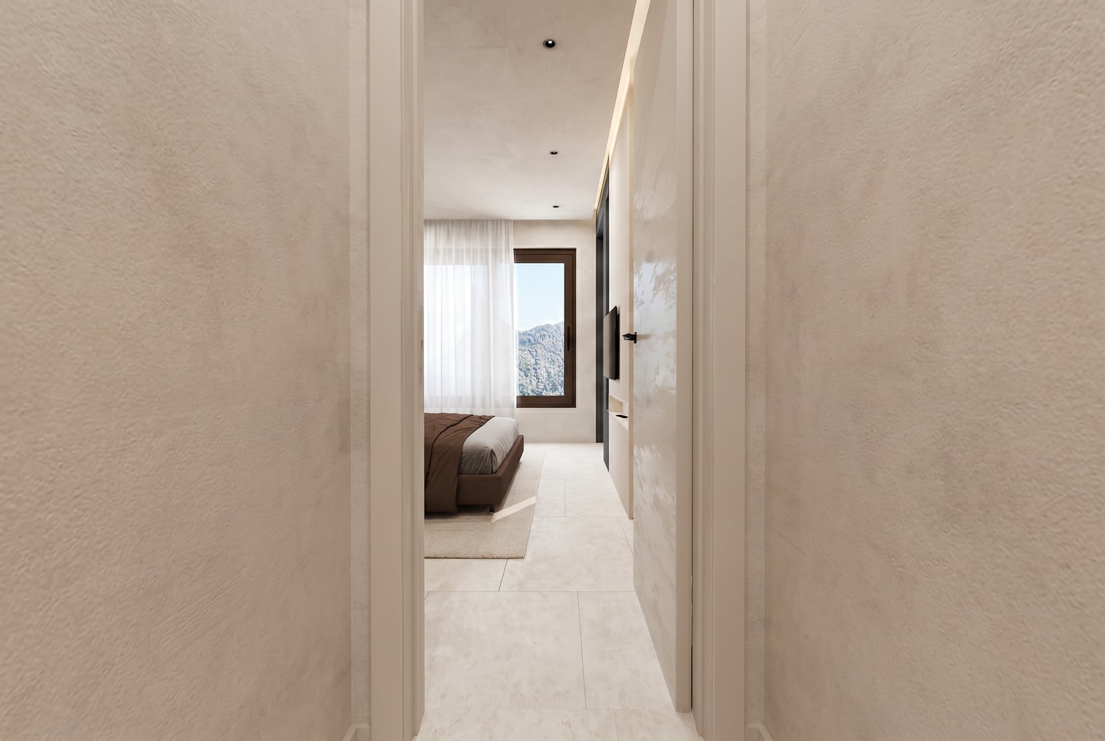 Interior of a modern bedroom in the Tivat residential complex, Montenegro: light finishes, a double bed, and a mountain view from the window.