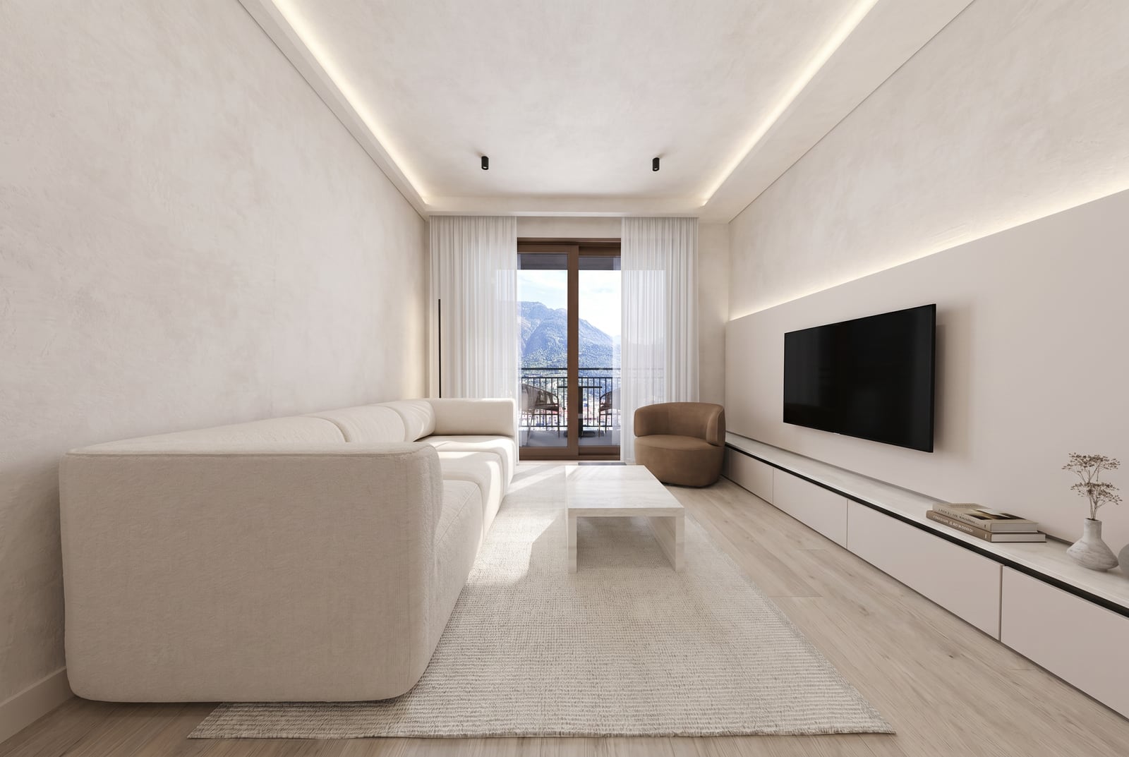 Modern living room in the Tivat residential complex, Montenegro: bright interior, soft sofa, TV area, and mountain view from the balcony.