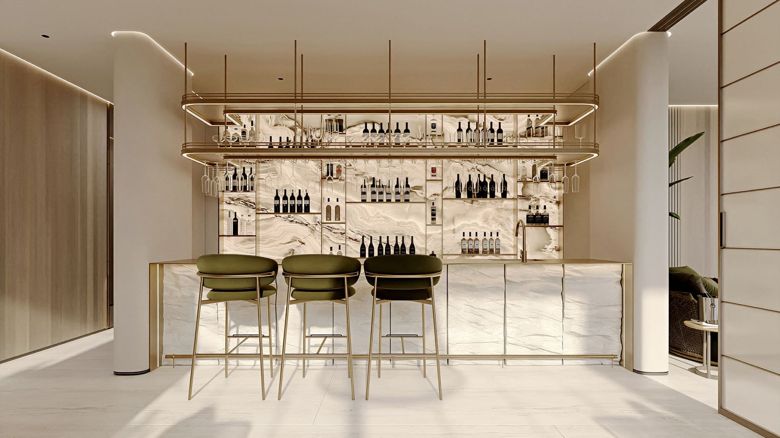 Stylish bar area with marble finishes and gold accents in a luxury apartment, Kumbor, Montenegro.