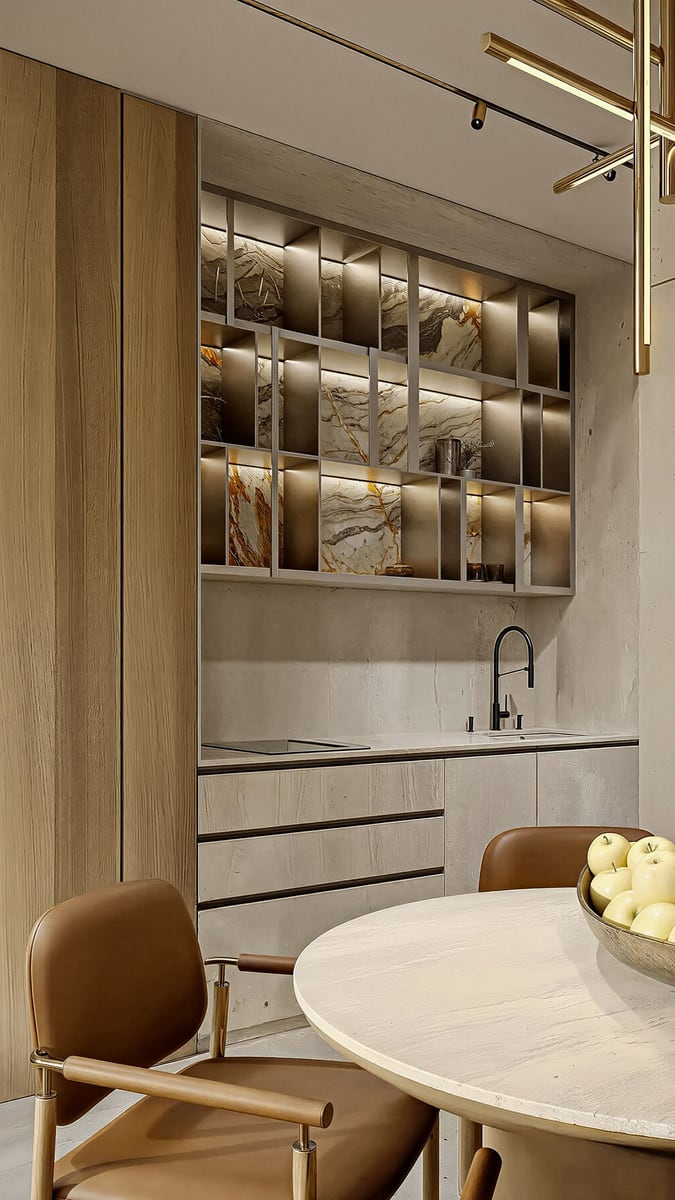 Modern kitchen with marble shelves and wood finishes in Herceg Novi residential complex, Kumbor, Montenegro.