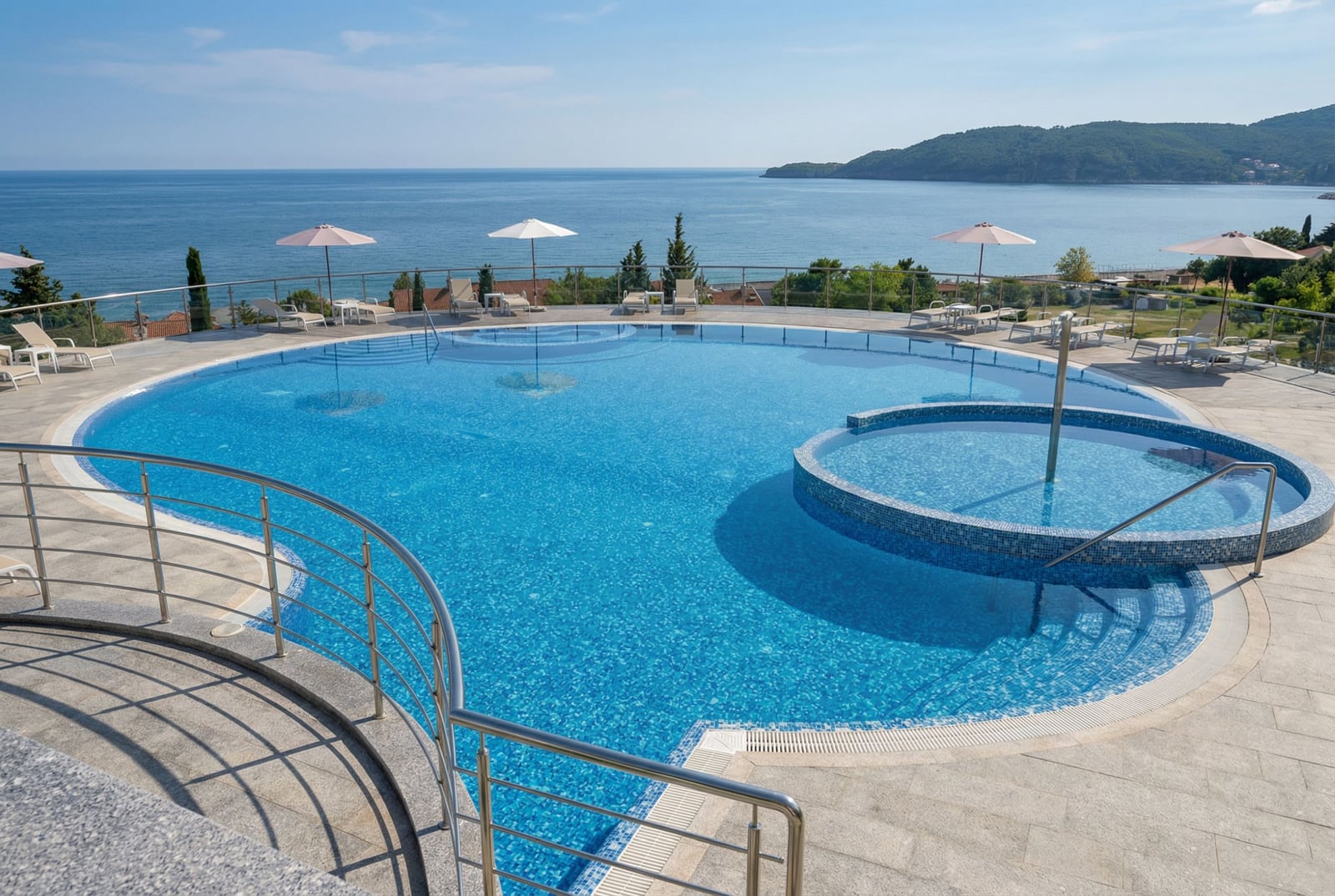 Offener Pool mit Panoramablick auf das Meer in der Wohnanlage, Bečići, Montenegro: Liegestühle und Ruhebereich.