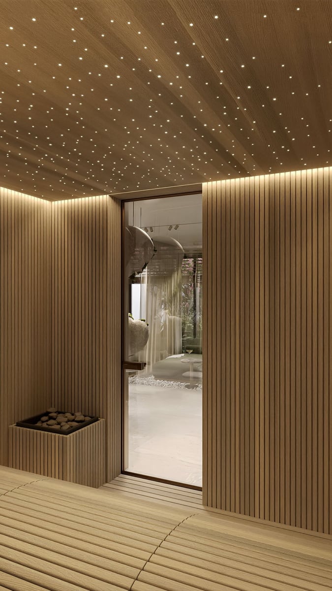 Modern sauna with wood finish and a starry sky ceiling in the Kumbor residential complex, Herceg Novi, Montenegro.