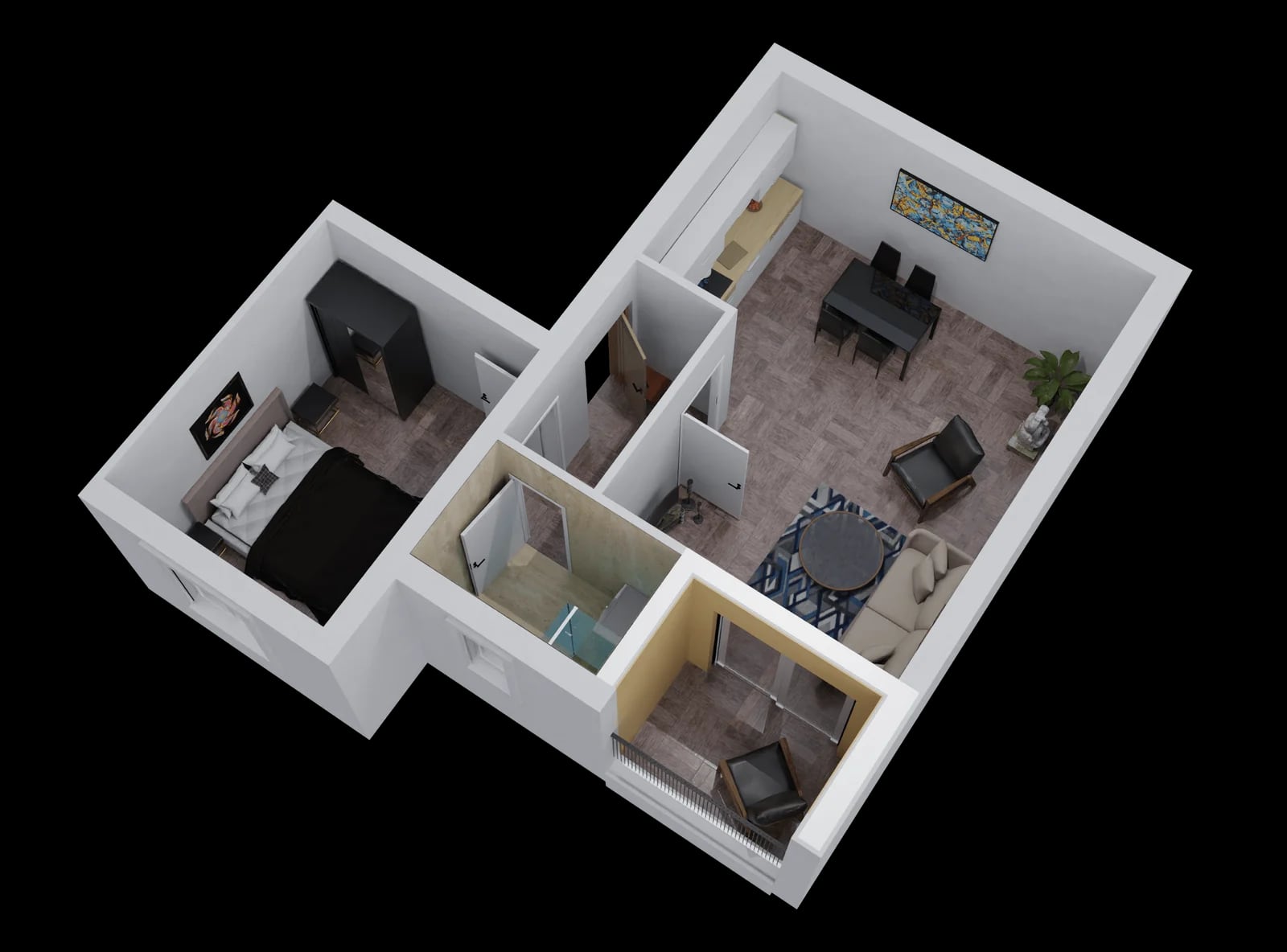 Karadağ, Bar’daki konut kompleksinde 3D daire planı: yatak odası, mutfaklı oturma odası, banyo ve modern mobilyalı balkon.