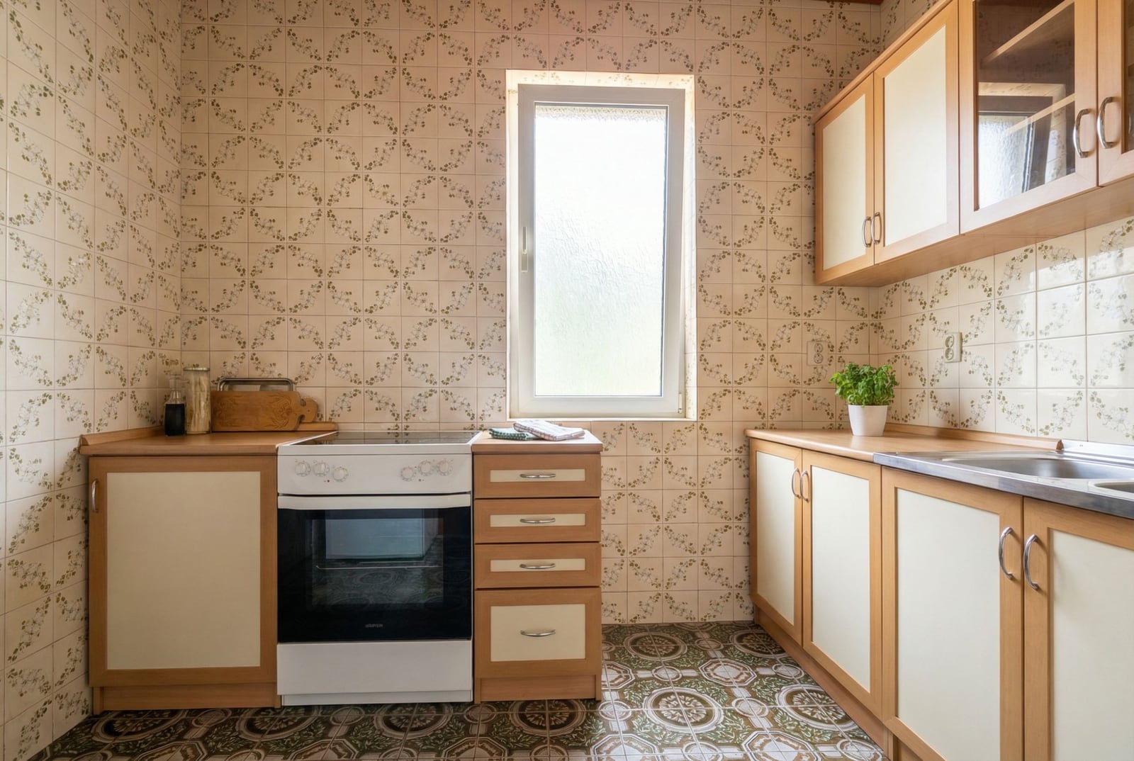 Kitchen in a house in Herceg Novi, Montenegro: light-colored cabinets, stove, tiled wall and floor finish with a pattern.
