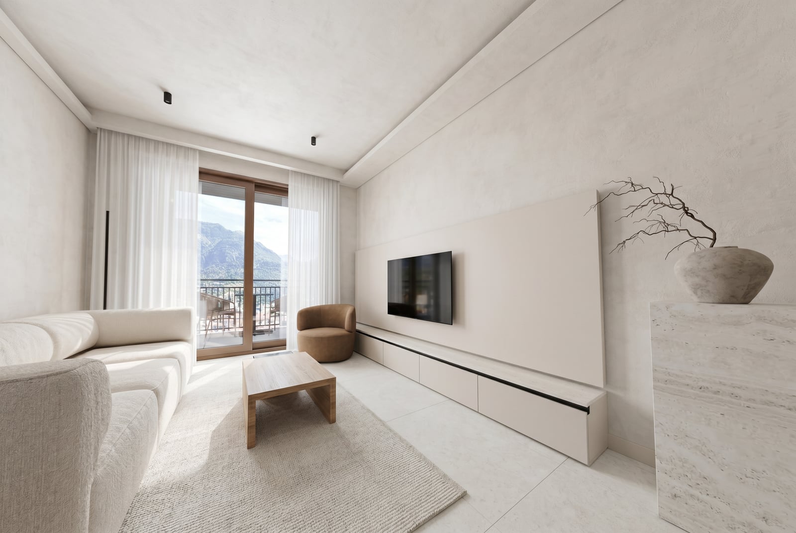 Modern living room in the Tivat residential complex, Montenegro: bright interior, soft furniture, TV area, and balcony with mountain views.