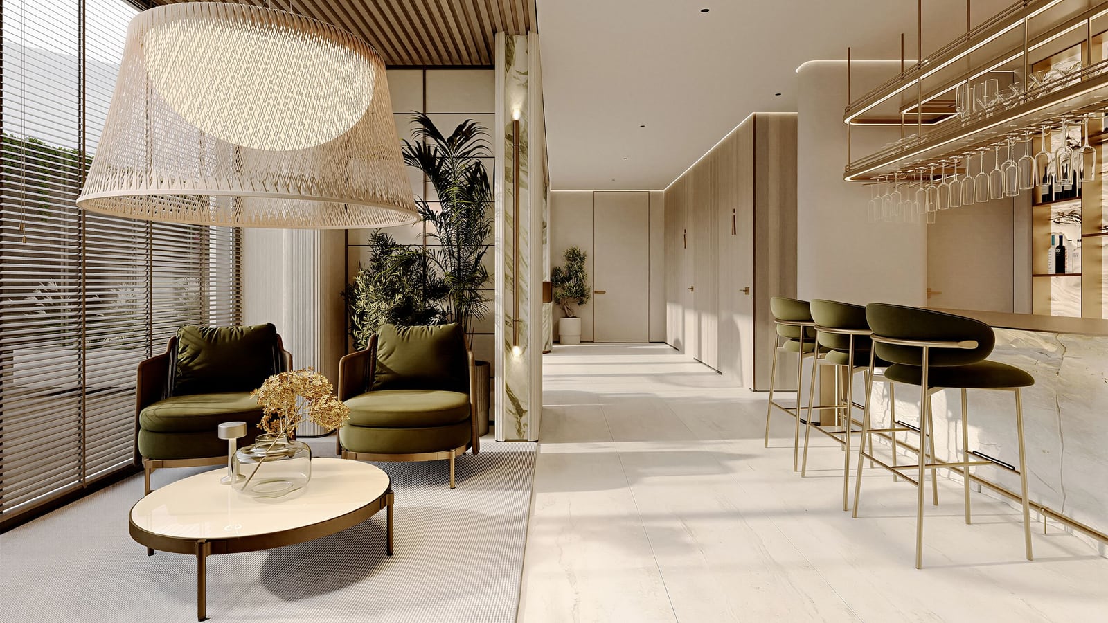 Living room design with a bar counter and armchairs in the Kumbor residential complex, Herceg Novi, Montenegro: modern premium interior.