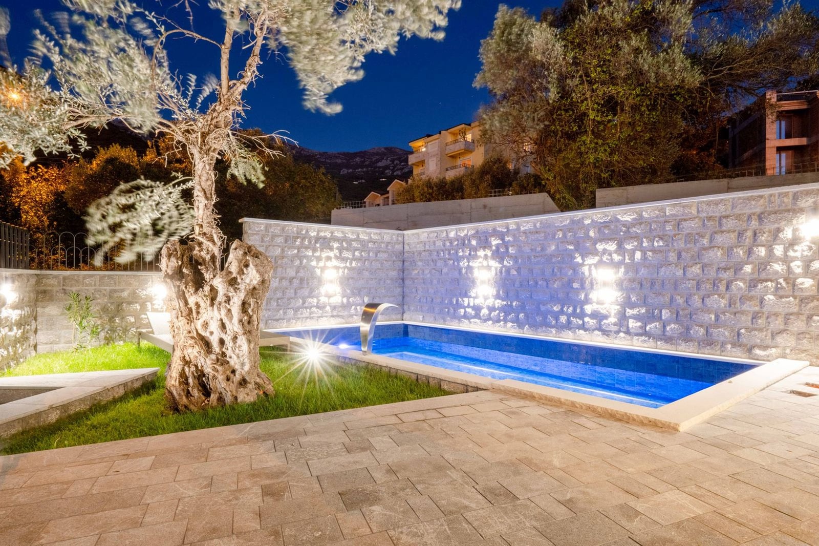 Piscine privée avec éclairage et finition en pierre dans une villa à Kamenovo, Monténégro, avec espace détente et olivier.