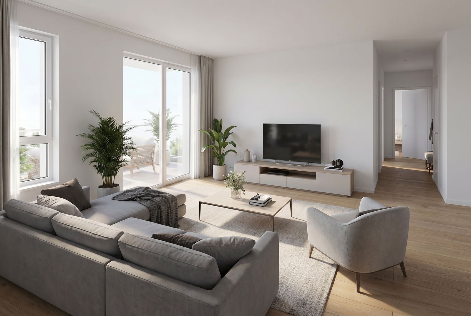 Современная гостиная с выходом на террасу в квартире, Бечичи, Черногория: светлый интерьер, мягкая мебель и ТВ-зона.