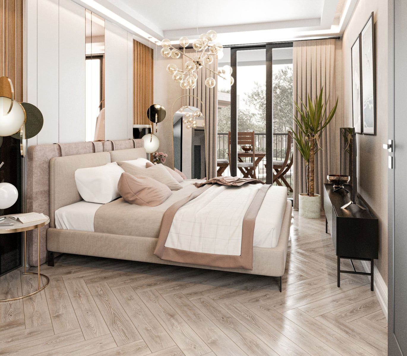 Modern bedroom in the Radanovici residential complex, Montenegro: double bed, herringbone parquet, access to the balcony, and stylish decor.