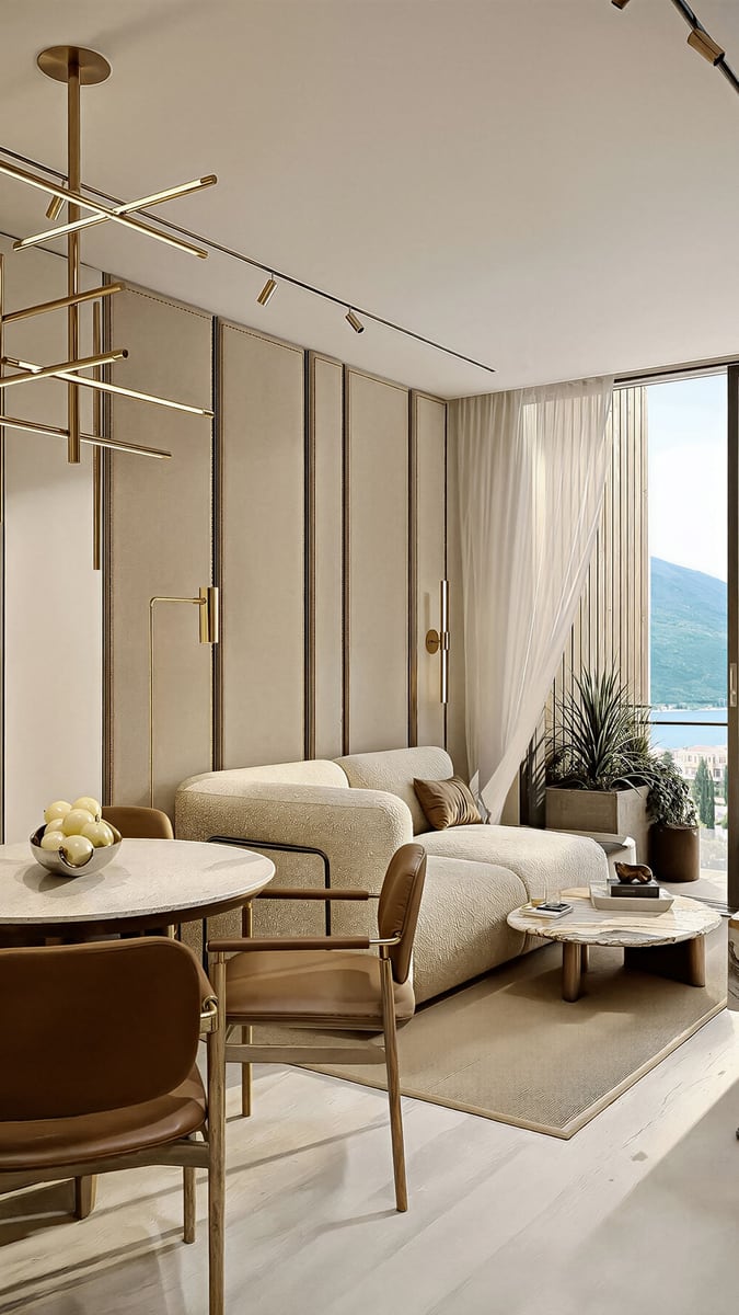 Modern living room with designer furniture and sea view in Kumbor residential complex, Herceg Novi, Montenegro.