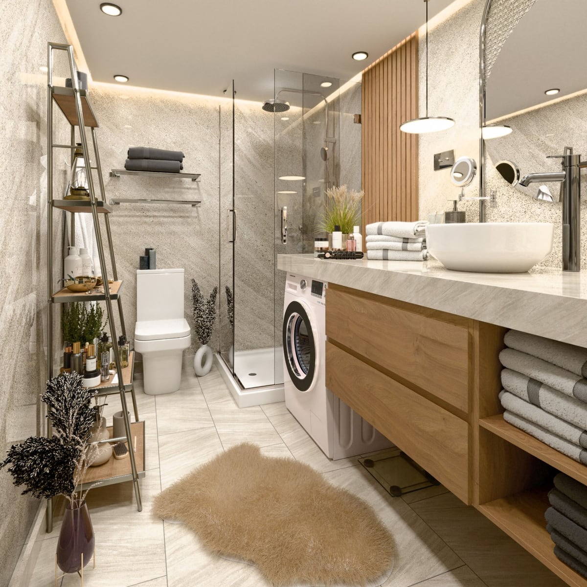 Modern bathroom in the Radanovici residential complex, Montenegro: shower cabin, washing machine, and stylish wooden furniture.