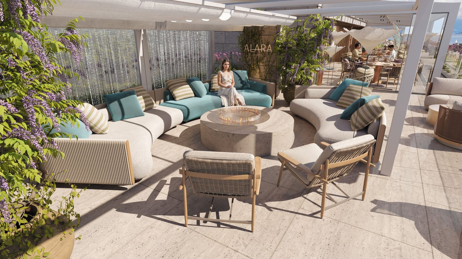 Terrace with soft seating and a fire pit in Alara residential complex, Kumbor, Montenegro. Cozy lounge area with sea views and greenery.