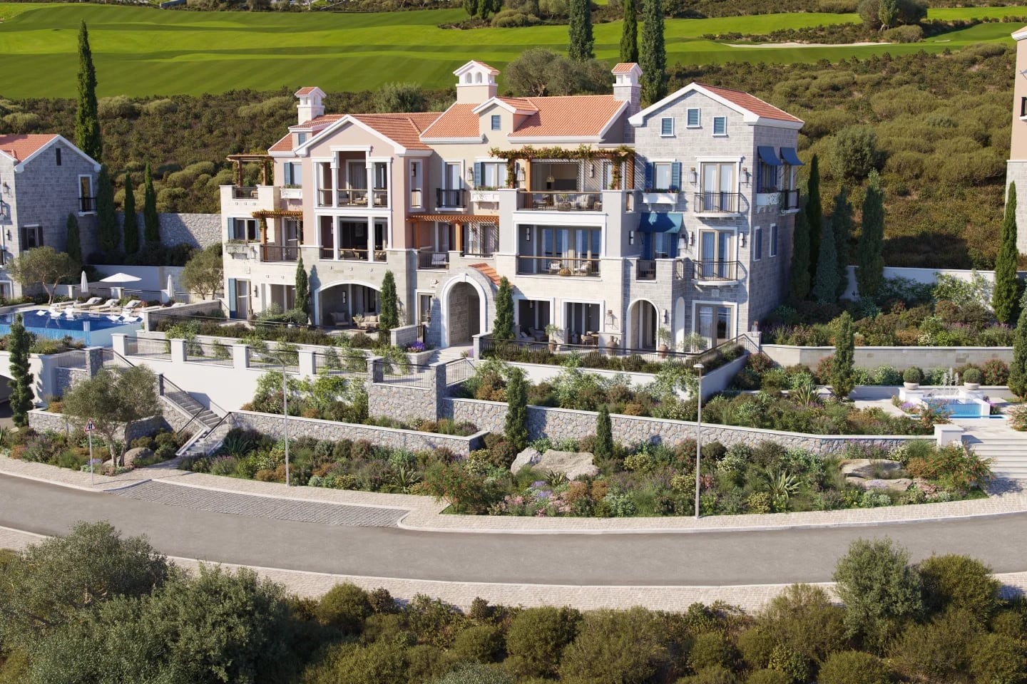 Luxury residential complex with a pool and terraces in Luštica, Montenegro: view of the facade of a Mediterranean-style villa.