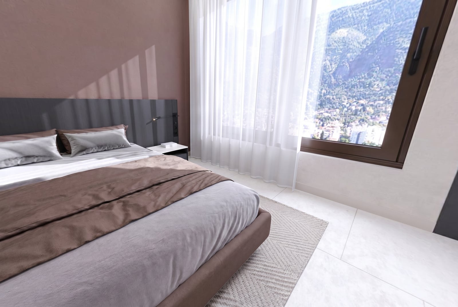 Modern bedroom with a double bed and mountain view in a residential complex, Tivat, Montenegro.