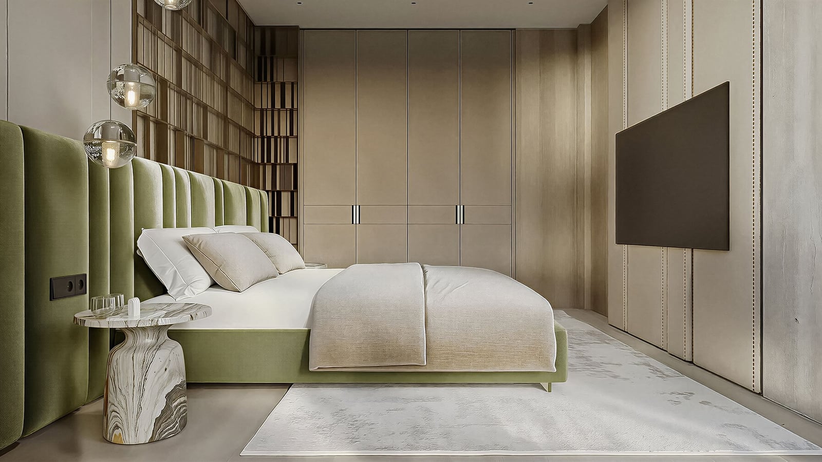 Modern bedroom with an olive bed and a marble side table in a residential complex, Kumbor, Herceg Novi, Montenegro.