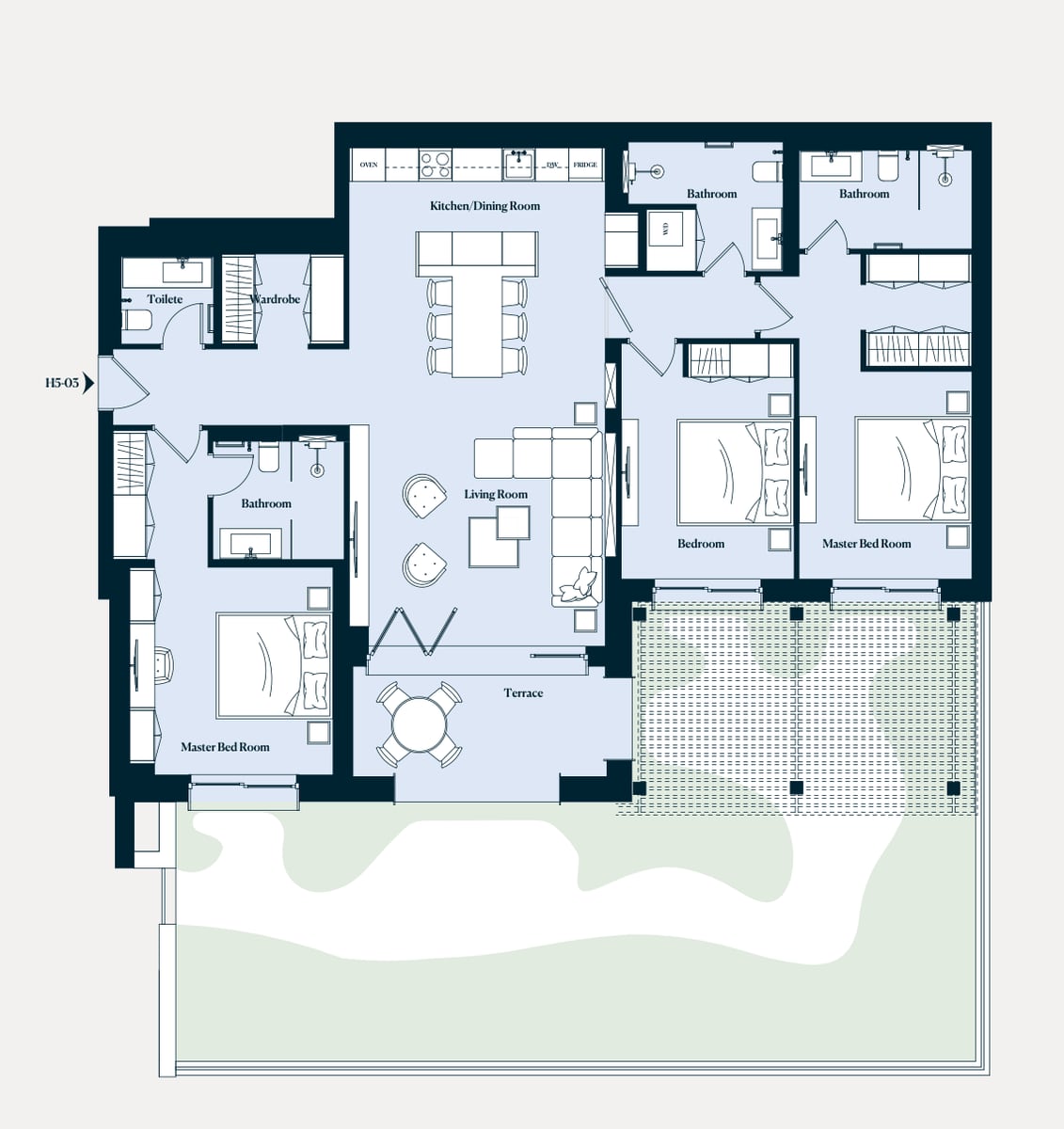 Layout of a three-bedroom apartment with a living room and terrace in the Luštica residential complex, Montenegro.