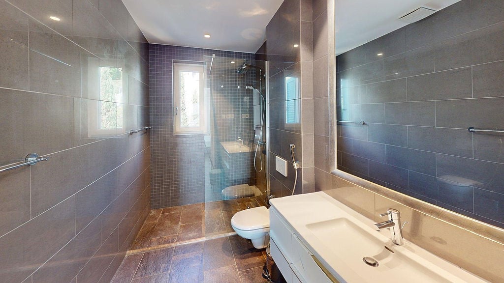 Modern bathroom with a shower cabin and gray tiles in an apartment in Luštica, Montenegro.