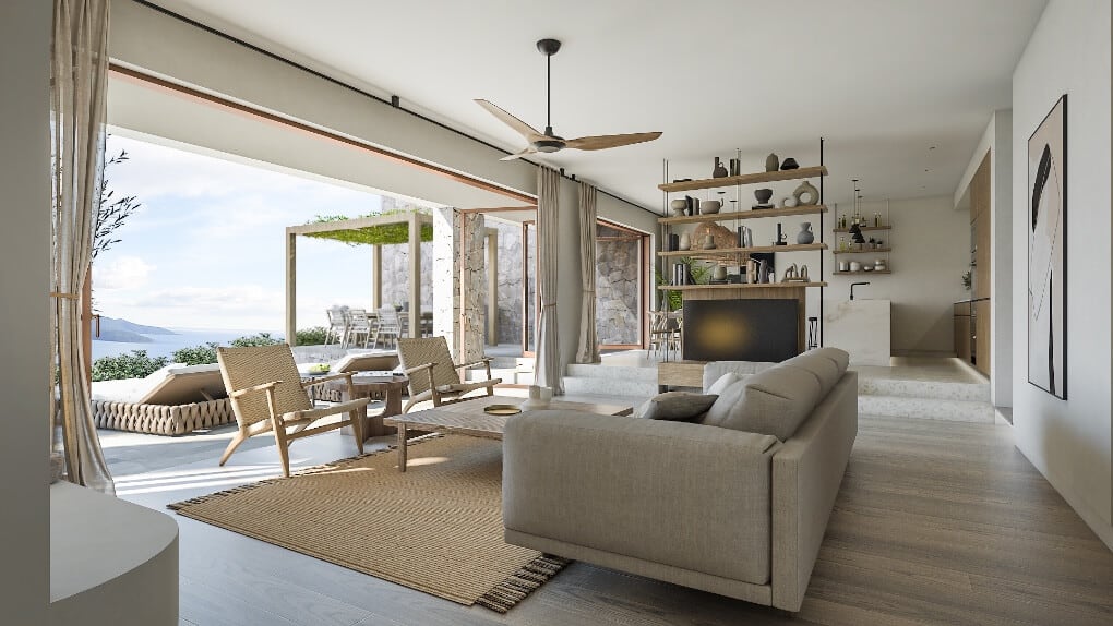 Living room with terrace and sea view in a luxury villa, Luštica, Montenegro: modern design, light-colored furniture.