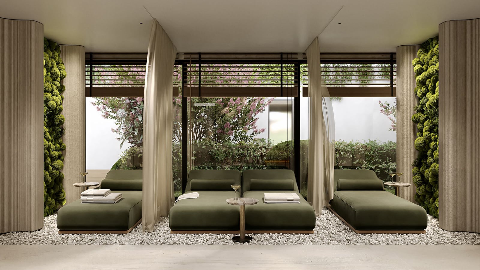 Relaxation area in the residential complex spa center in Kumbor, Montenegro: green sun loungers, vertical greenery, and a view of the garden.