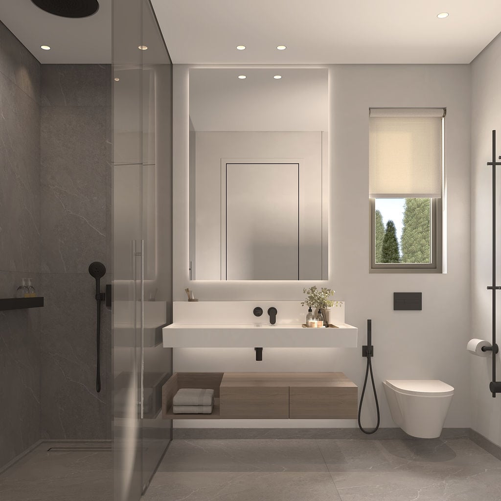 Modern bathroom with a shower and wall-hung furniture in a residential complex, Luštica, Montenegro.