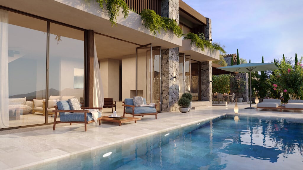 Modern villa with a pool and terrace in Luštica, Montenegro: panoramic windows, stylish furniture, and stone finishing.