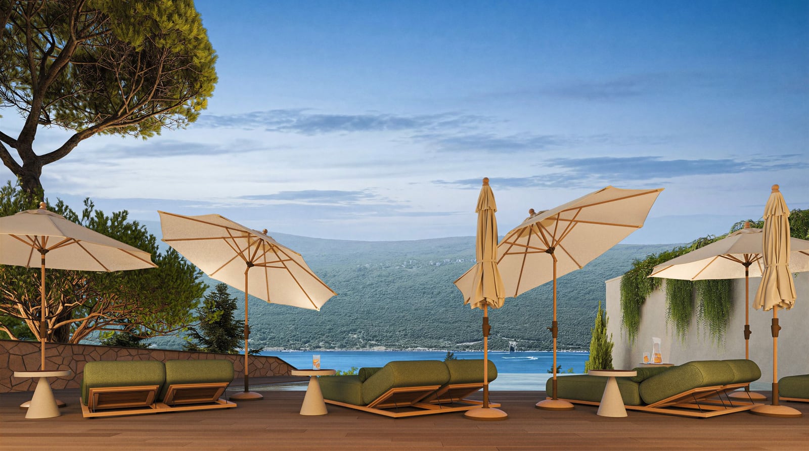 Terrace with sun loungers and umbrellas by the pool in a residential complex, sea and mountain view, Kumbor, Montenegro.
