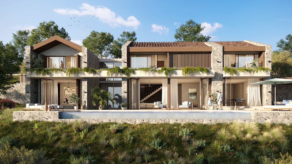 Modern villa with a pool and stone facade finish in Luštica, Montenegro: panoramic windows and terraces.
