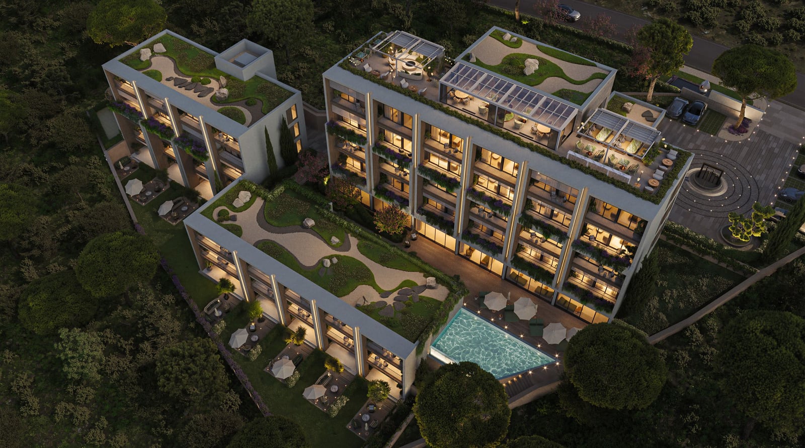 Жилой комплекс в Кумборе, Черногория: современная архитектура с эксплуатируемой кровлей, террасами и бассейном.