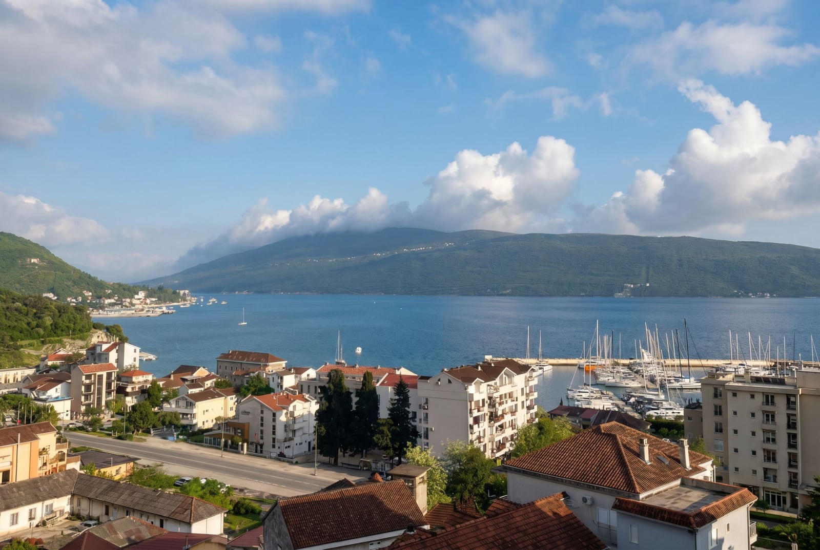 Panoramic view of the sea, yacht marina, and mountains from an apartment in Herceg Novi, Montenegro.